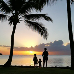 Caribbean Holidays, Martinique Family Holidays, Parents and children watching a colourful sunset over the Martinique coast, with palm silhouettes and calm sea