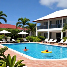 Caribbean Holidays, Martinique Family Holidays, Relaxed family scene at a comfortable Martinique hotel, with a swimming pool, tropical gardens and children enjoying a sunny afternoon