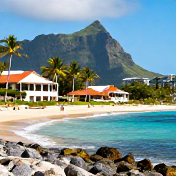 Caribbean Holidays, Martinique Family Holidays, Sunny Martinique coastline with a family-friendly resort, palm trees and mountains in the background