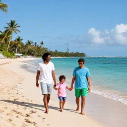 Caribbean Holidays, Martinique Family March, A happy family walking along a sunny Martinique beach in March, with turquoise water, palm trees and soft golden sand