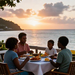 Caribbean Holidays, Martinique Family March, Family enjoying a relaxed outdoor meal at a seaside restaurant in Martinique at sunset, with local Caribbean food on the table
