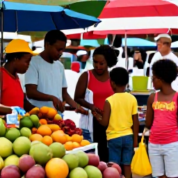 Caribbean Holidays, Martinique Family March, Family exploring a colourful Martinique market in Fort-de-France, with tropical fruit, spices and friendly local stalls