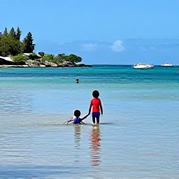 Caribbean Holidays, Martinique Family March, Family swimming and playing in the calm clear waters of Les Salines beach, Martinique, on a sunny March day
