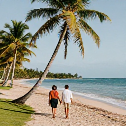 Caribbean Holidays, Martinique February, A couple walking hand in hand along a quiet tropical beach in Martinique in warm February sunshine, turquoise water and swaying palm trees