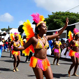 Caribbean Holidays, Martinique February, Colourful Martinique carnival parade in Fort-de-France with costumed dancers, musicians and spectators in bright February sunshine