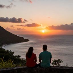 Caribbean Holidays, Martinique February, Couple enjoying a peaceful sunset from a scenic viewpoint overlooking the coast of Martinique