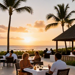 Caribbean Holidays, Martinique February, Elegant all-inclusive Martinique resort at sunset with outdoor dining, palm trees and guests enjoying a relaxed Caribbean evening