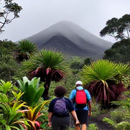 Caribbean Holidays, Martinique February, Hikers walking through lush rainforest on Mount Pel&eacute;e in Martinique, with misty volcanic slopes and tropical plants