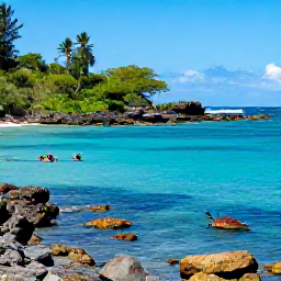 Caribbean Holidays, Martinique February Holidays, Anse Dufour beach in Martinique with clear turquoise water, snorkellers, rocky green coastline and sea turtles near the shore