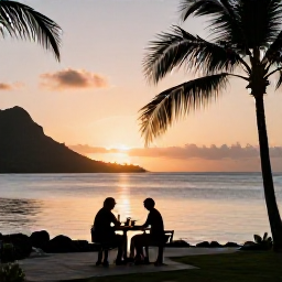 Caribbean Holidays, Martinique February Holidays, Couple enjoying sunset from a Martinique resort terrace with calm sea, warm evening light and tropical silhouettes