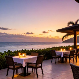 Caribbean Holidays, Martinique February Holidays, Elegant adults-only hotel terrace in Martinique at sunset, with outdoor dining, soft lights and views across the Caribbean Sea