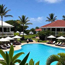 Caribbean Holidays, Martinique February Holidays, Elegant all-inclusive resort in Martinique with palm-lined pool, comfortable loungers, tropical gardens and guests enjoying a sunny afternoon