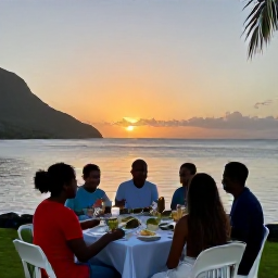 Caribbean Holidays, Martinique February Holidays, Family enjoying an outdoor Creole dinner beside the sea in Martinique at sunset