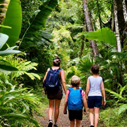 Caribbean Holidays, Martinique February Holidays, Family hiking through lush tropical rainforest beneath Mount Pel&eacute;e in northern Martinique