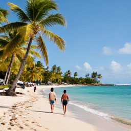 Caribbean Holidays, Martinique February Holidays, Family walking along a sunny Martinique beach with turquoise water and palm trees, natural holiday photography