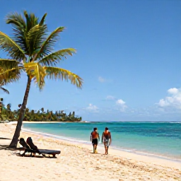 Caribbean Holidays, Martinique February Holidays, Golden sandy beach in Martinique with turquoise sea, palm trees, sun loungers and two adults walking along the shoreline