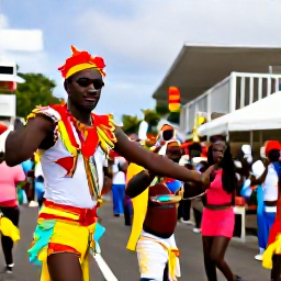 Caribbean Holidays, Martinique February Holidays, Martinique carnival celebration in February with colourful costumes, musicians, dancing crowds and vibrant street decorations