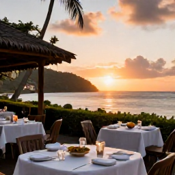 Caribbean Holidays, Martinique February Holidays, Outdoor restaurant beside the sea in Martinique at sunset, with Creole dishes and a relaxed holiday setting
