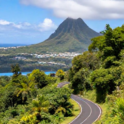 Caribbean Holidays, Martinique February Holidays, Scenic Martinique landscape with a winding road through tropical forest, volcanic mountains and a distant Caribbean coastline