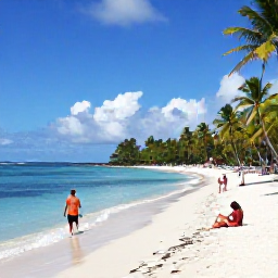 Caribbean Holidays, Martinique February Holidays, Visitors relaxing on white sand at Les Salines beach in Martinique, with calm blue water and coconut palms