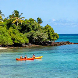Caribbean Holidays, Martinique February, Kayakers exploring calm turquoise sea beside mangroves and rocky coves near Martinique, tropical sunlight and clear water