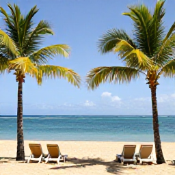 Caribbean Holidays, Martinique February, Relaxed Caribbean beach scene in Martinique with golden sand, swaying palms, sun loungers and calm blue sea