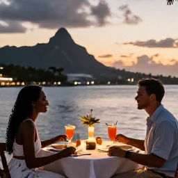 Caribbean Holidays, Martinique February, Romantic evening dinner for two at a waterfront restaurant in Martinique, with fresh seafood, tropical drinks and sunset light