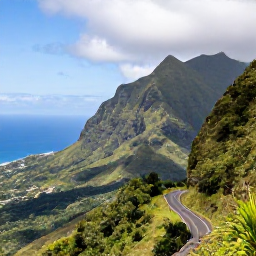 Caribbean Holidays, Martinique February, Scenic Martinique mountain landscape with lush rainforest, volcanic peaks, winding road and distant Caribbean coastline