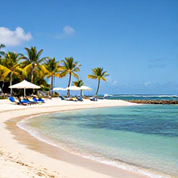 Caribbean Holidays, Martinique February, Sunny all-inclusive resort beside a calm Caribbean beach in Martinique, with palm trees, loungers and clear turquoise water