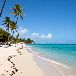 Caribbean Holidays, Martinique February, Sunny Martinique beach with clear turquoise water, palm trees and a relaxed February holiday atmosphere