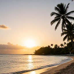 Caribbean Holidays, Martinique February Tours, Golden Martinique beach at sunset with calm water, tropical vegetation and a peaceful evening setting