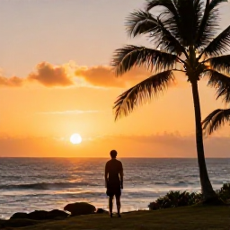 Caribbean Holidays, Martinique February, Traveller enjoying a peaceful Martinique sunset from a coastal viewpoint, with palm trees, warm light and the Caribbean sea