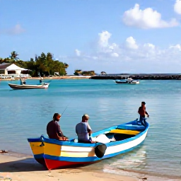 Caribbean Holidays, Martinique Fishing, A bright February morning at a Martinique fishing harbour, colourful Creole boats, calm turquoise water and anglers preparing their gear
