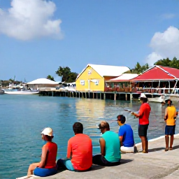 Caribbean Holidays, Martinique Fishing, A cheerful travel group enjoying a Martinique harbour after fishing, with colourful Creole buildings, boats and a sunny waterfront restaurant