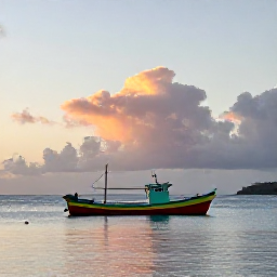 Caribbean Holidays, Martinique Fishing, A colourful fishing boat on calm Caribbean water near Martinique at sunrise