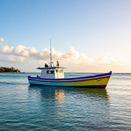 Caribbean Holidays, Martinique Fishing, A colourful fishing boat on calm turquoise water off the Martinique coast in warm December sunshine