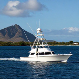 Caribbean Holidays, Martinique Fishing, A modern sport-fishing boat travelling across clear deep-blue Caribbean water with Martinique mountains in the background
