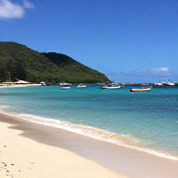 Caribbean Holidays, Martinique Fishing, A peaceful Martinique beach beside a small fishing harbour, with clear water, colourful boats and green hills