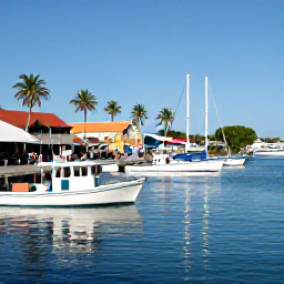 Caribbean Holidays, Martinique Fishing, A peaceful Martinique marina in April with fishing boats, palm trees, colourful buildings and visitors enjoying a sunny afternoon