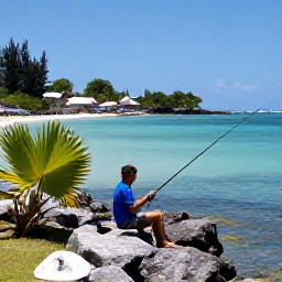 Caribbean Holidays, Martinique Fishing, A relaxed angler casting from a rocky Martinique shoreline beside clear water, tropical plants and a quiet coastal village