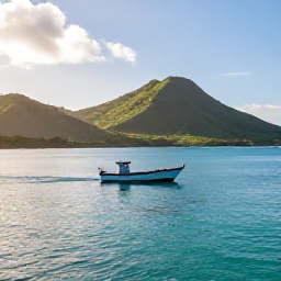 Caribbean Holidays, Martinique Fishing, A small fishing boat leaving a calm Martinique harbour at sunrise in April, with green hills and turquoise Caribbean water
