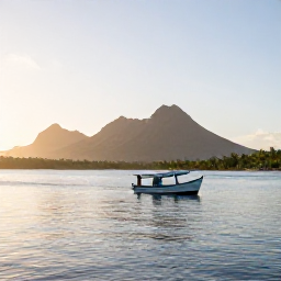 Caribbean Holidays, Martinique Fishing, A small fishing boat leaving a calm Martinique harbour at sunrise, with volcanic hills and tropical coastline in the background