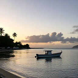 Caribbean Holidays, Martinique Fishing, A small fishing boat leaving a quiet Martinique harbour at sunrise, tropical coastline and calm Caribbean water