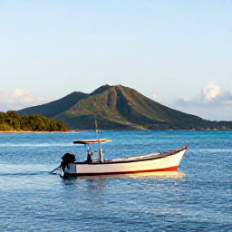Caribbean Holidays, Martinique Fishing, A small fishing boat setting out from a bright Caribbean harbour in Martinique at dawn, calm turquoise water and green hills beyond