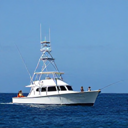 Caribbean Holidays, Martinique Fishing, A sport-fishing boat cruising off the Martinique coast, anglers casting lines towards deep blue water beneath a clear Caribbean sky