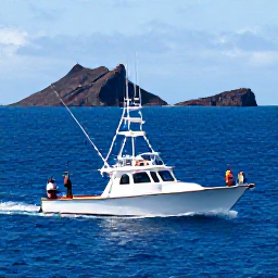 Caribbean Holidays, Martinique Fishing, A sport fishing boat cruising over deep blue water off the coast of Martinique, with anglers preparing rods and rugged volcanic scenery in the distance