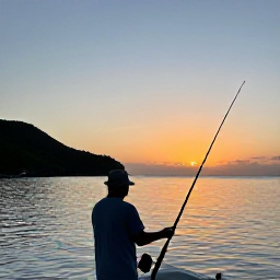 Caribbean Holidays, Martinique Fishing, Angler enjoying a peaceful sunset on a boat off Martinique, with fishing rods, calm sea and the island coastline in warm evening light