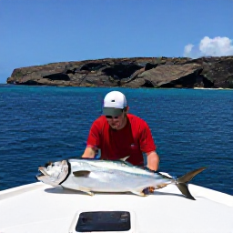 Caribbean Holidays, Martinique Fishing, Angler fighting a powerful fish from the stern of a charter boat, with a rugged Martinique shoreline beyond