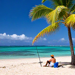 Caribbean Holidays, Martinique Fishing, Angler relaxing beside a tropical Martinique beach after a morning fishing trip