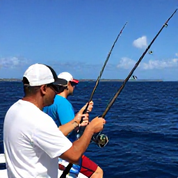 Caribbean Holidays, Martinique Fishing, Anglers enjoying a deep-sea fishing trip near Martinique, with fishing rods, blue ocean and distant coastline